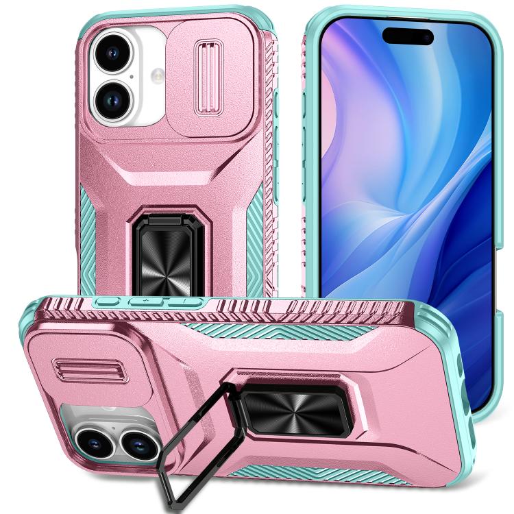 For iPhone 17 Sliding Camshield Holder Phone Case(Grey Green + Pink)