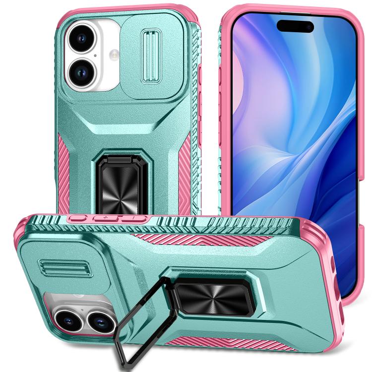 For iPhone 17 Sliding Camshield Holder Phone Case(Pink + Grey Green)