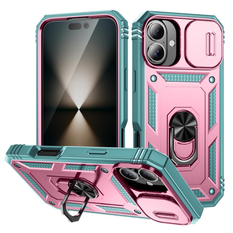 For iPhone 17 Sliding Camshield TPU + PC Phone Case with Holder(Green+Pink)