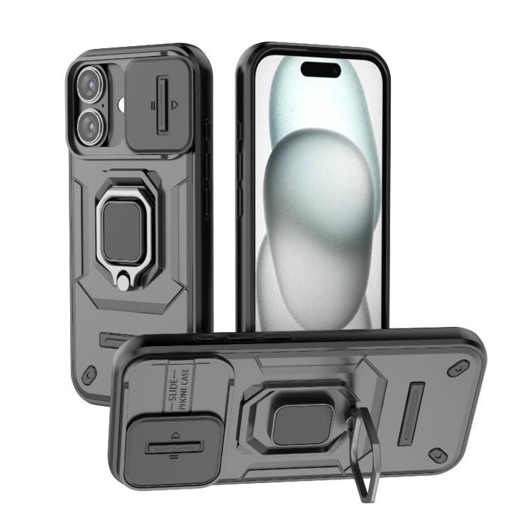 For iPhone 17 Sliding Camshield TPU + PC Shockproof Phone Case with Holder(Black)