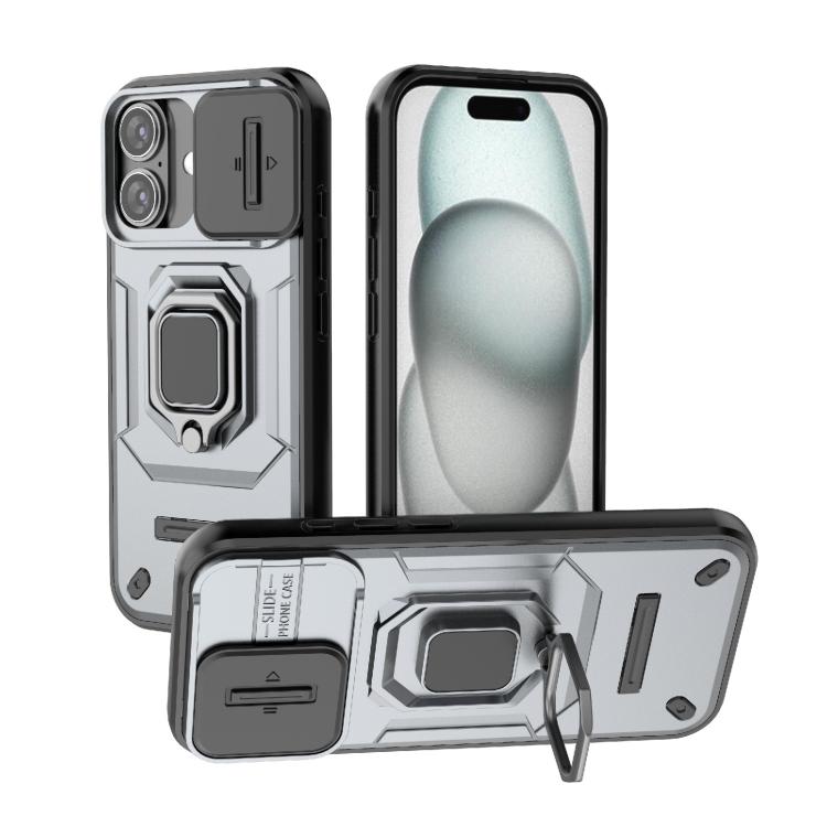 For iPhone 17 Sliding Camshield TPU + PC Shockproof Phone Case with Holder(Grey)