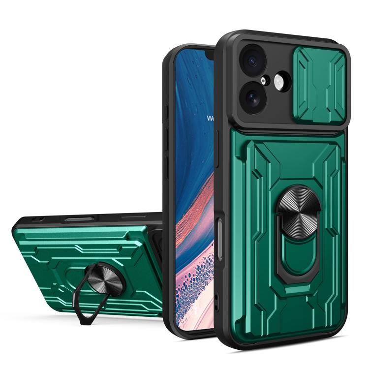 For iPhone 17 Sliding Camshield TPU+PC Phone Case with Card Slot(Dark Green)