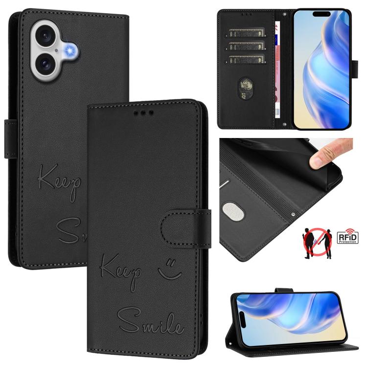 For iPhone 17 Smile Embossing RFID Leather Phone Case(Black)