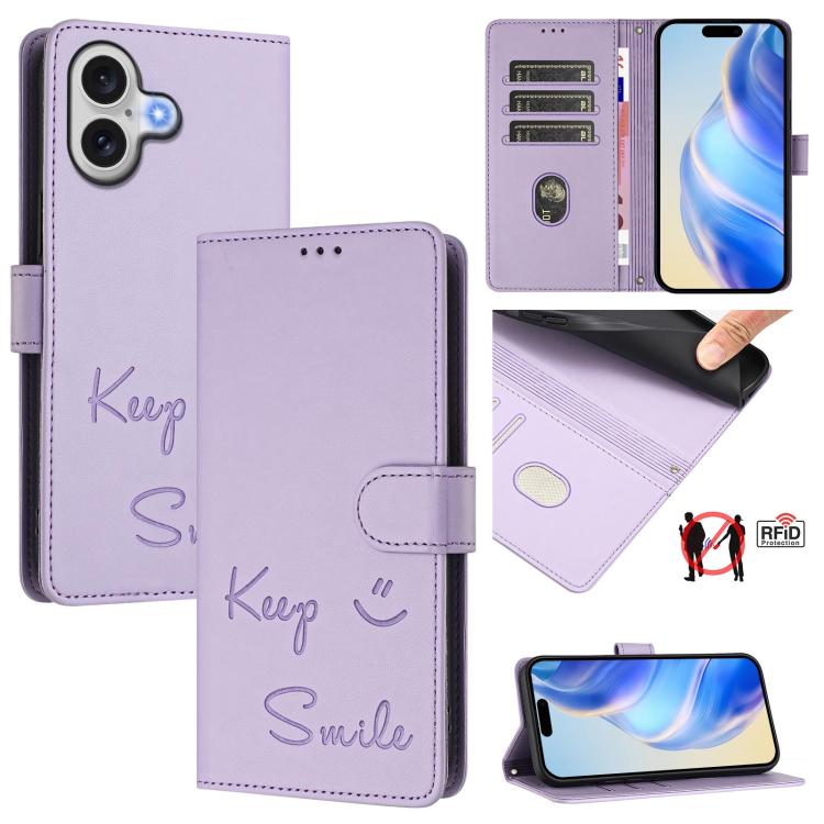 For iPhone 17 Smile Embossing RFID Leather Phone Case(Light Purple)