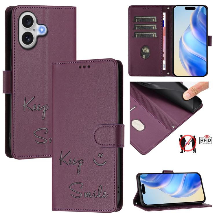 For iPhone 17 Smile Embossing RFID Leather Phone Case(Violet)