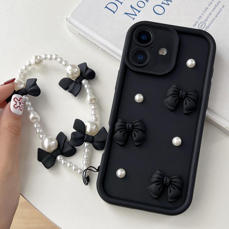 For iPhone 17 Soft Silicone 3D Bowknot Pearl Phone Case with Beaded Wrist Strap(Black)