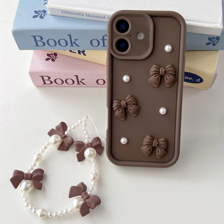 For iPhone 17 Soft Silicone 3D Bowknot Pearl Phone Case with Beaded Wrist Strap(Coffee)