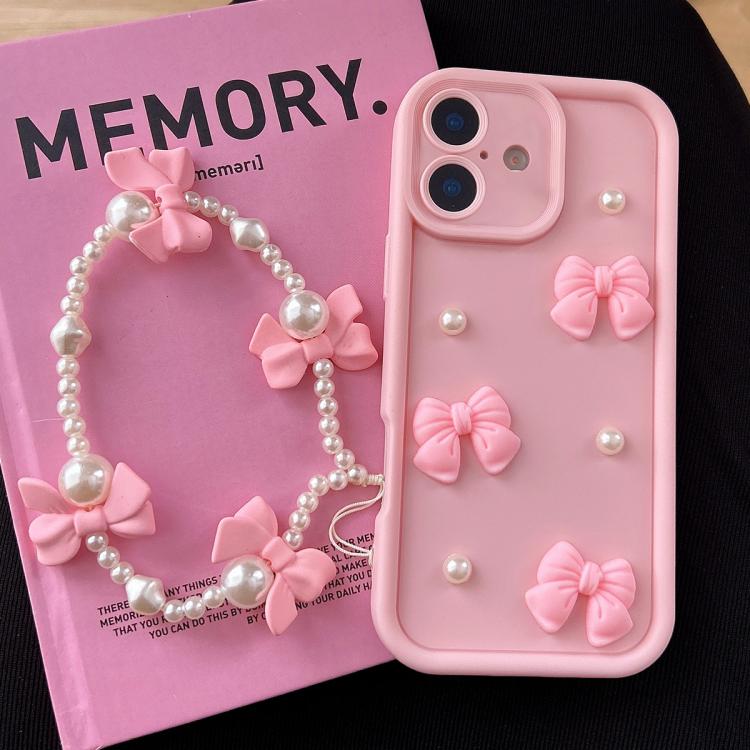 For iPhone 17 Soft Silicone 3D Bowknot Pearl Phone Case with Beaded Wrist Strap(Pink)