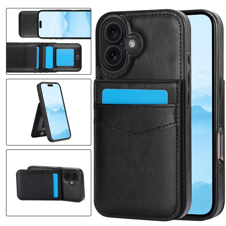 For iPhone 17 Solid Color Card Slots Bracket PU Phone Case(Black)