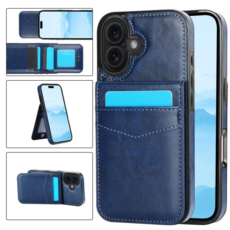 For iPhone 17 Solid Color Card Slots Bracket PU Phone Case(Blue)