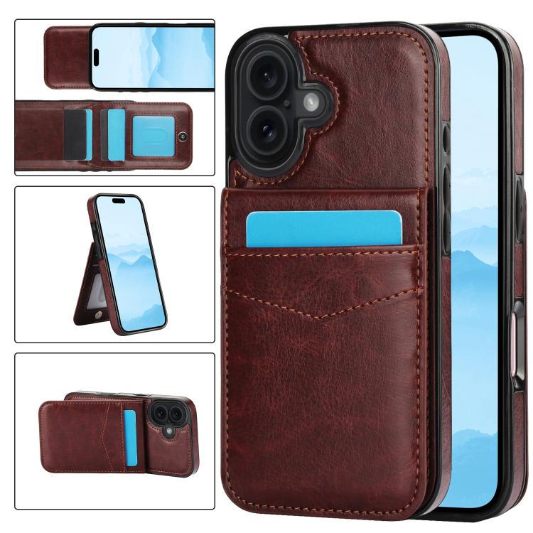 For iPhone 17 Solid Color Card Slots Bracket PU Phone Case(Brown)