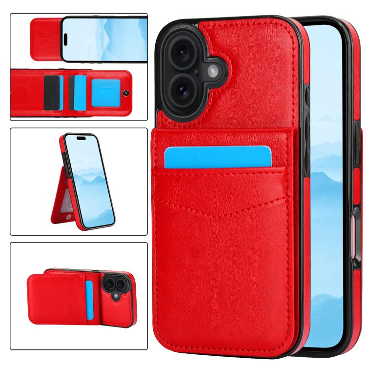 For iPhone 17 Solid Color Card Slots Bracket PU Phone Case(Red)