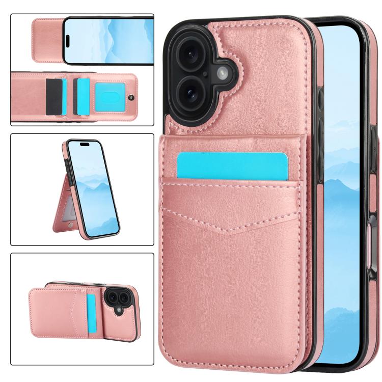 For iPhone 17 Solid Color Card Slots Bracket PU Phone Case(Rose Gold)