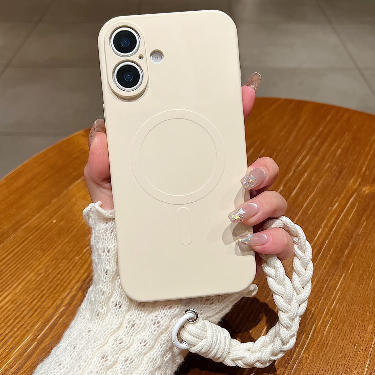 For iPhone 17 Solid Color Liquid Silicone Magnetic Phone Case with Lanyard(Antique White)