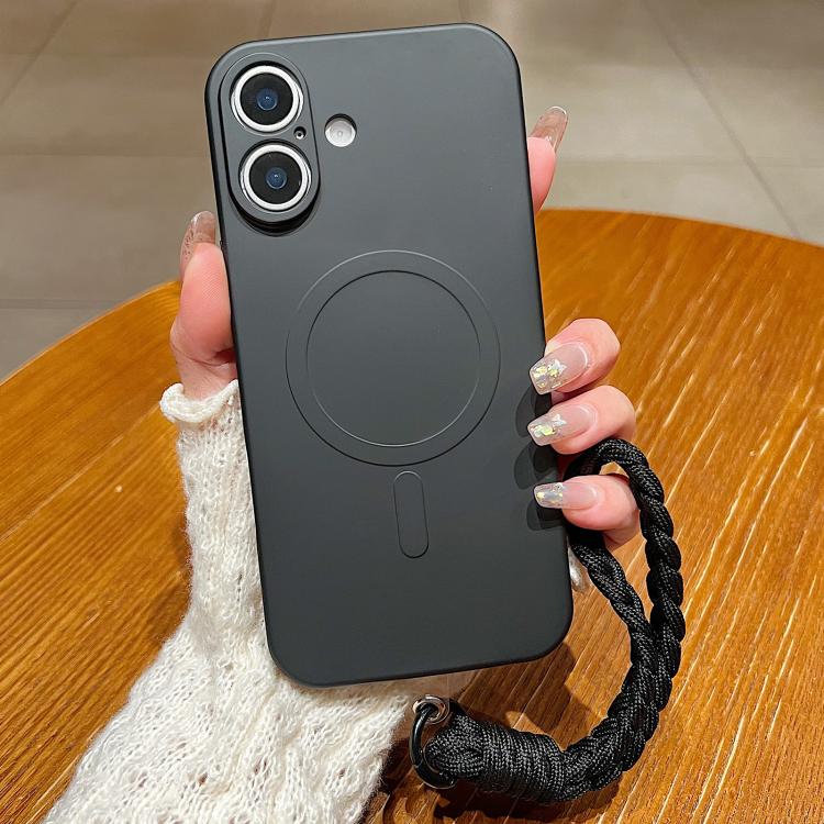 For iPhone 17 Solid Color Liquid Silicone Magnetic Phone Case with Lanyard(Black)