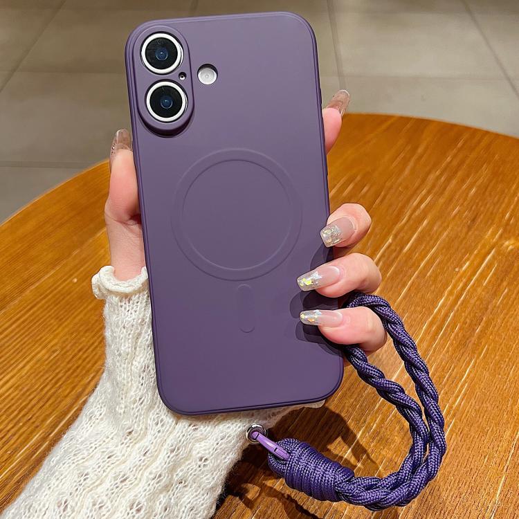 For iPhone 17 Solid Color Liquid Silicone Magnetic Phone Case with Lanyard(Dark Purple)