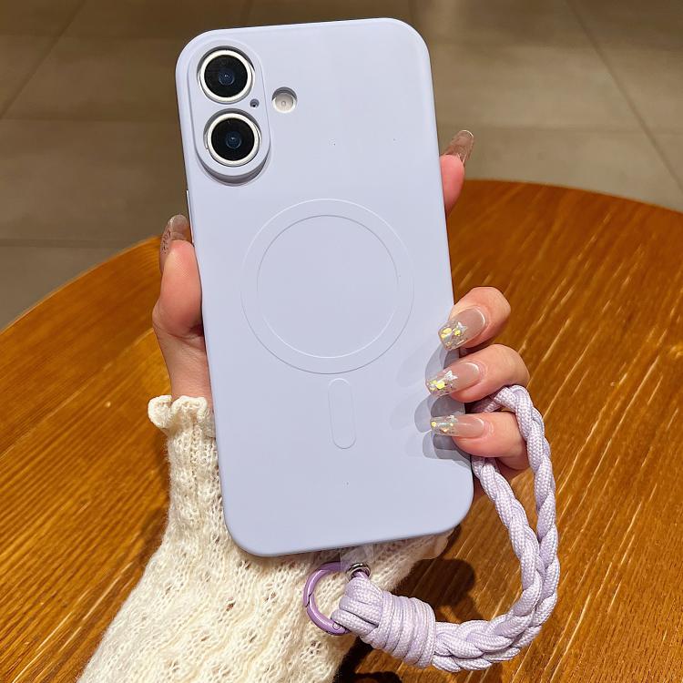 For iPhone 17 Solid Color Liquid Silicone Magnetic Phone Case with Lanyard(Lilac Purple)