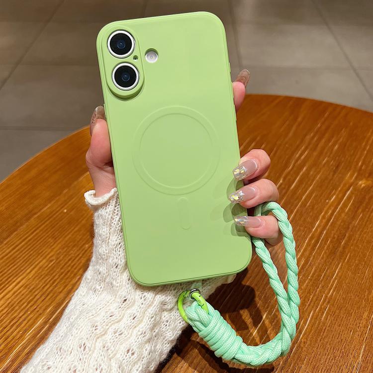 For iPhone 17 Solid Color Liquid Silicone Magnetic Phone Case with Lanyard(Matcha Green)