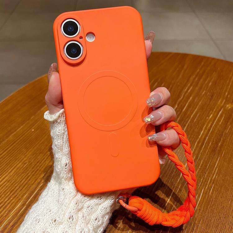For iPhone 17 Solid Color Liquid Silicone Magnetic Phone Case with Lanyard(Orange)