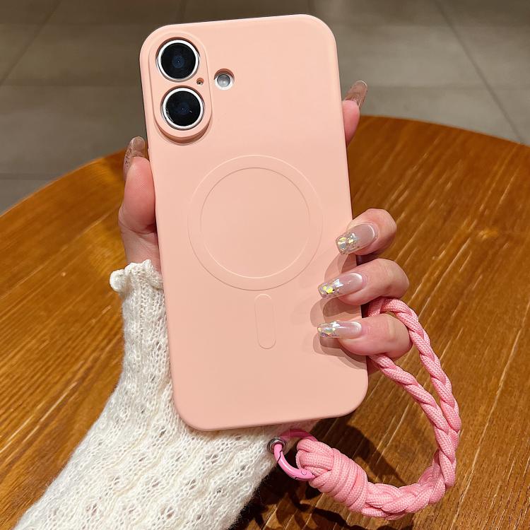 For iPhone 17 Solid Color Liquid Silicone Magnetic Phone Case with Lanyard(Pink)