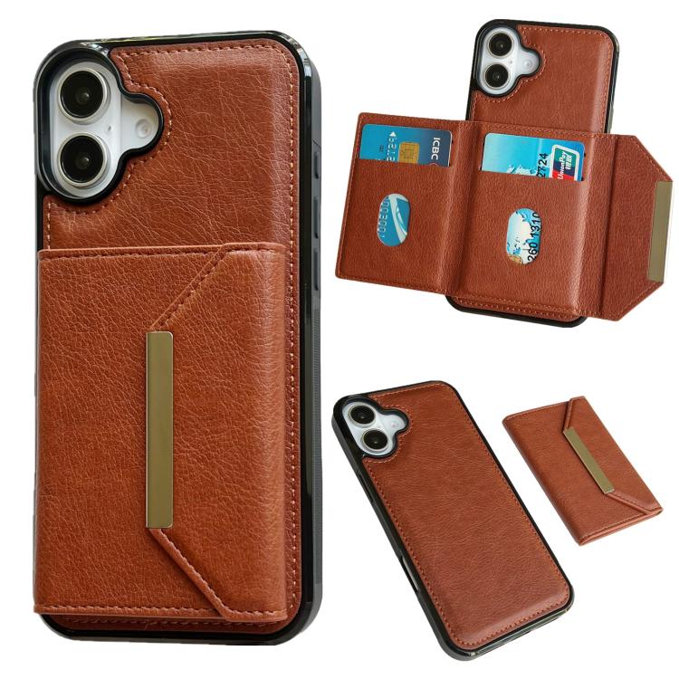 For iPhone 17 Solid Color Metal Buckle Card Slots Bag Phone Case(Brown)