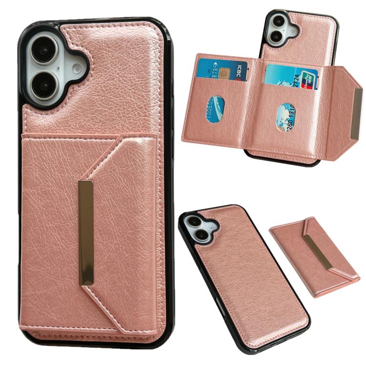 For iPhone 17 Solid Color Metal Buckle Card Slots Bag Phone Case(Rose Gold)