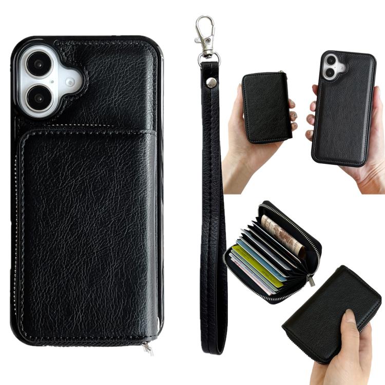 For iPhone 17 Solid Color Zipper 11-Card Slots Bag Phone Case with Lanyard(Black)