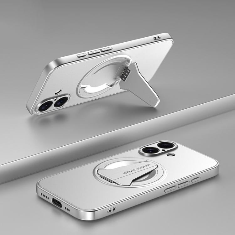 For iPhone 17 Spaceship MagSafe Folding Holder Phone Case(Silver White)