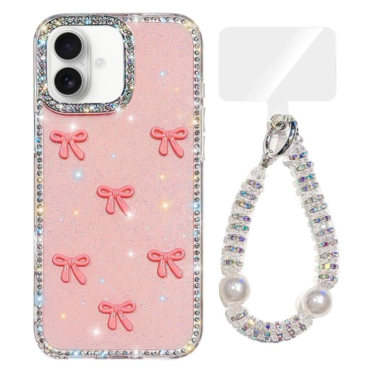 For iPhone 17 Sparkling IMD Colorful Bow Phone Case with Bracelet(Glitter Light Pink)
