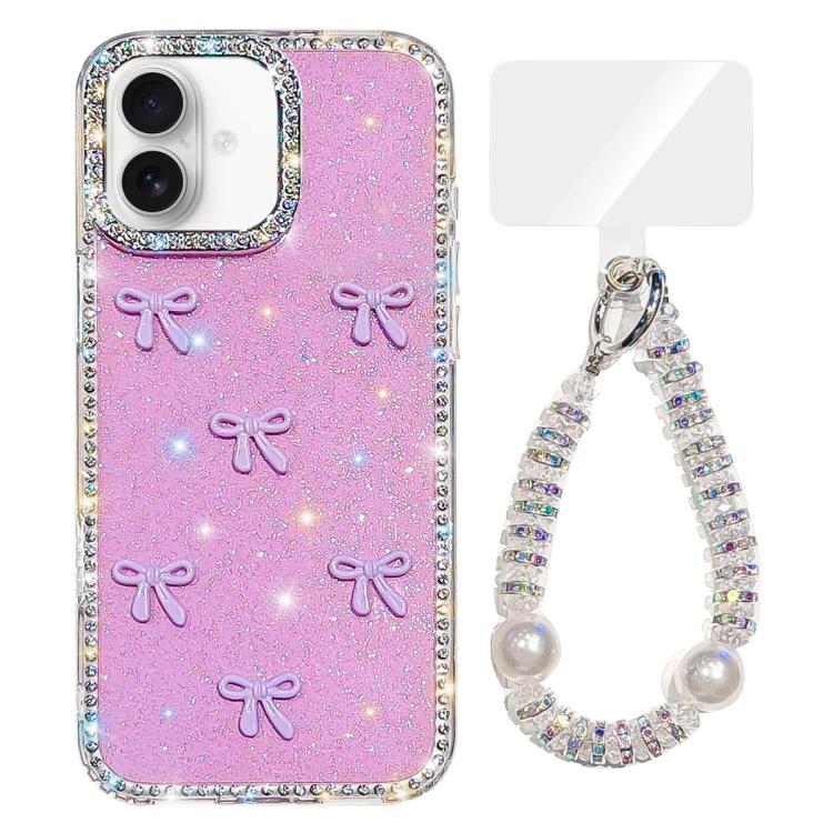 For iPhone 17 Sparkling IMD Colorful Bow Phone Case with Bracelet(Glitter Light Purple)
