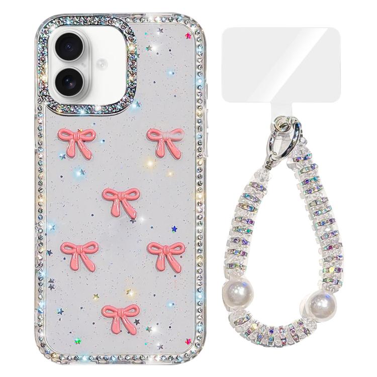 For iPhone 17 Sparkling IMD Colorful Bow Phone Case with Bracelet(Glitter Star)