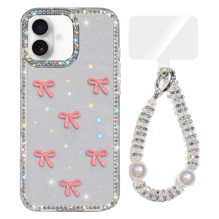 For iPhone 17 Sparkling IMD Colorful Bow Phone Case with Bracelet(Glitter Transparent)