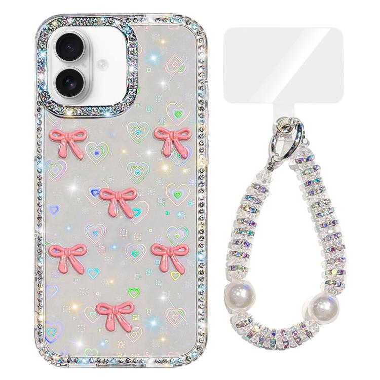 For iPhone 17 Sparkling IMD Colorful Bow Phone Case with Bracelet(Love Transparent)
