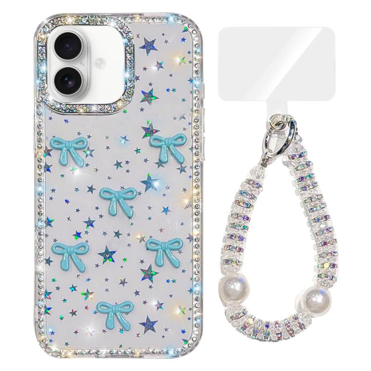 For iPhone 17 Sparkling IMD Colorful Bow Phone Case with Bracelet(Star Transparent)