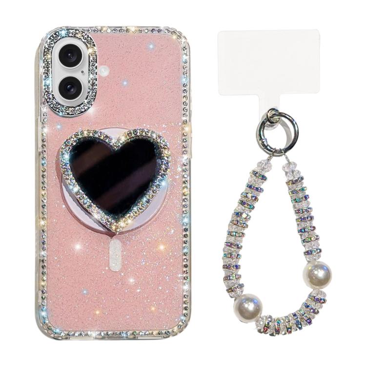 For iPhone 17 Sparkling IMD Heart-Shaped Mirror Magnetic Phone Case with Bracelet(Glitter Light Pink)