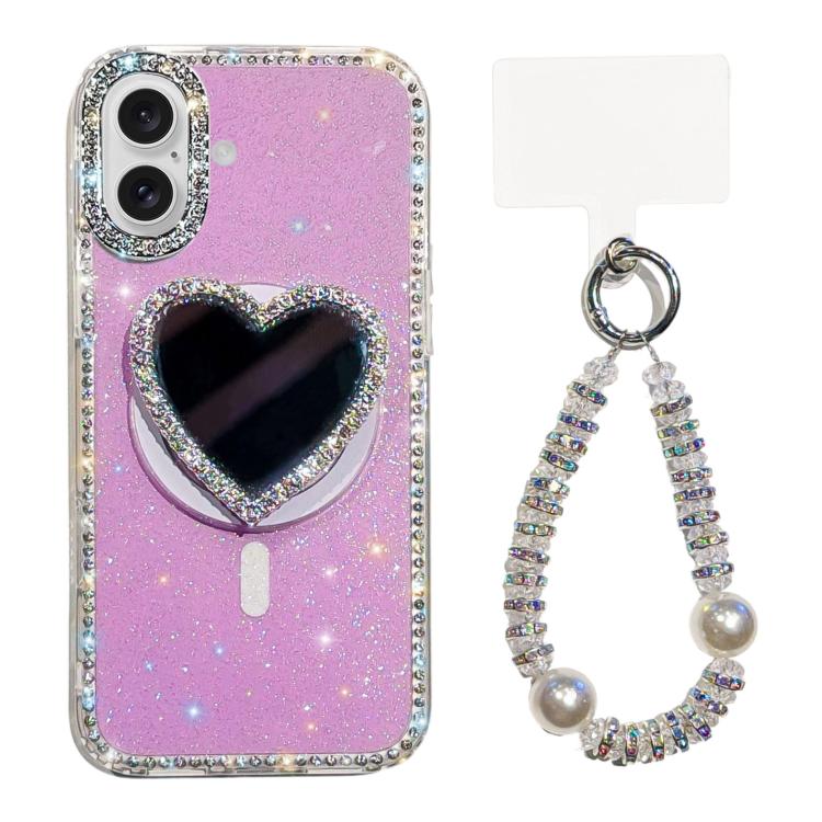 For iPhone 17 Sparkling IMD Heart-Shaped Mirror Magnetic Phone Case with Bracelet(Glitter Light Purple)