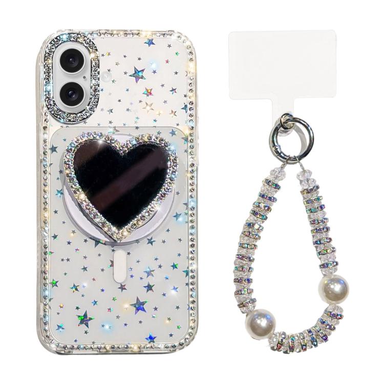 For iPhone 17 Sparkling IMD Heart-Shaped Mirror Magnetic Phone Case with Bracelet(Star Transparent)