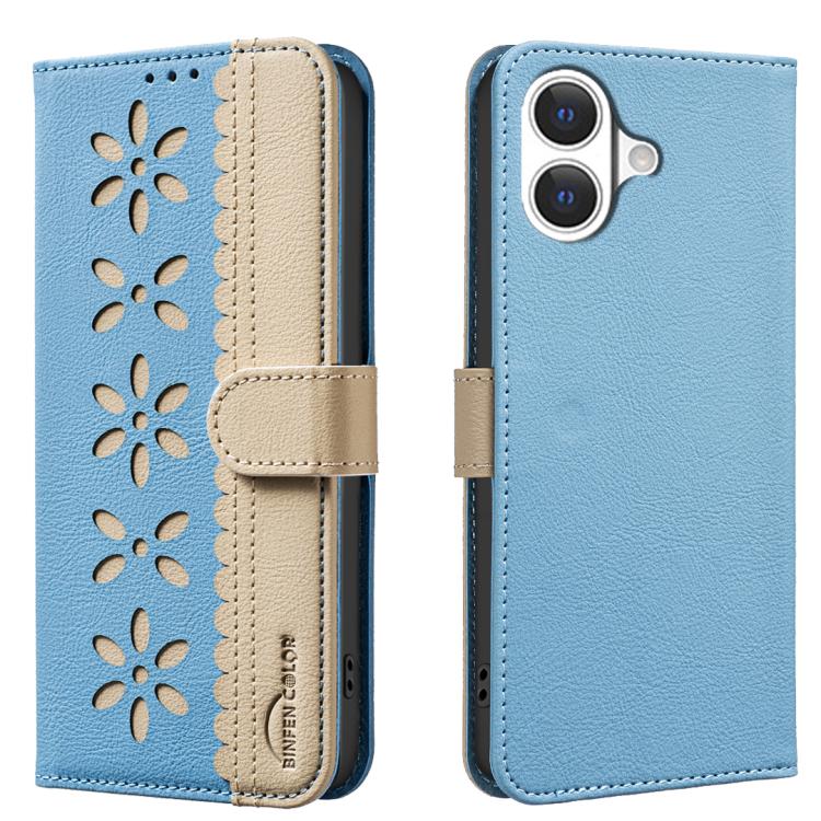 For iPhone 17 Splicing Color Hollow Flower Pattern RFID Leather Phone Case(Baby Blue)