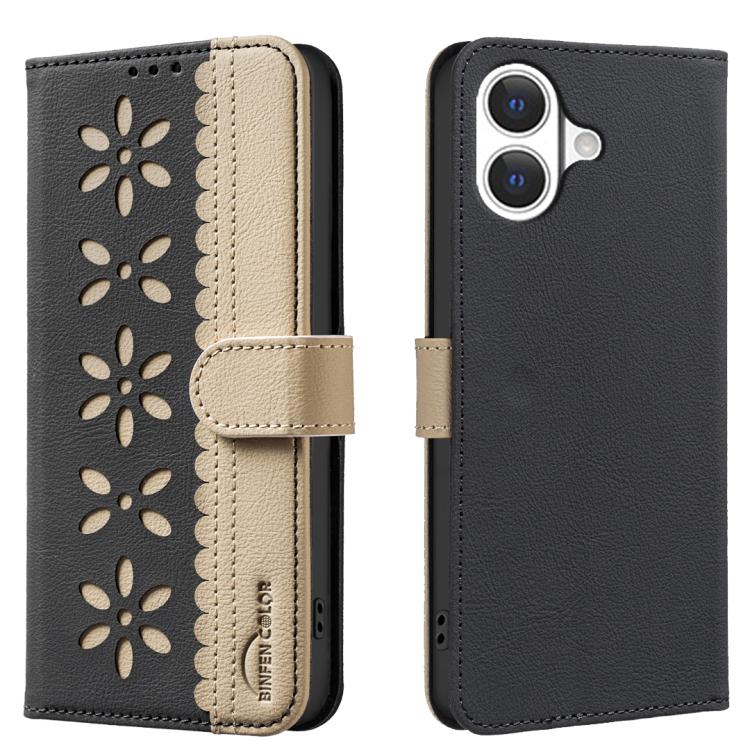 For iPhone 17 Splicing Color Hollow Flower Pattern RFID Leather Phone Case(Black)