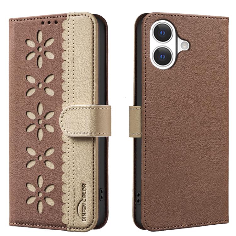 For iPhone 17 Splicing Color Hollow Flower Pattern RFID Leather Phone Case(Brown)