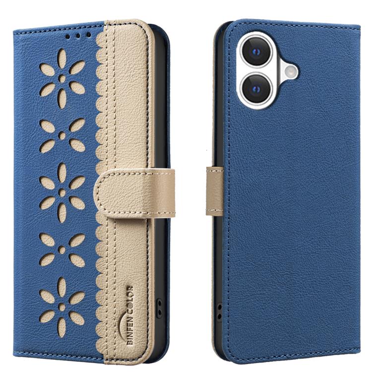 For iPhone 17 Splicing Color Hollow Flower Pattern RFID Leather Phone Case(Dark Blue)