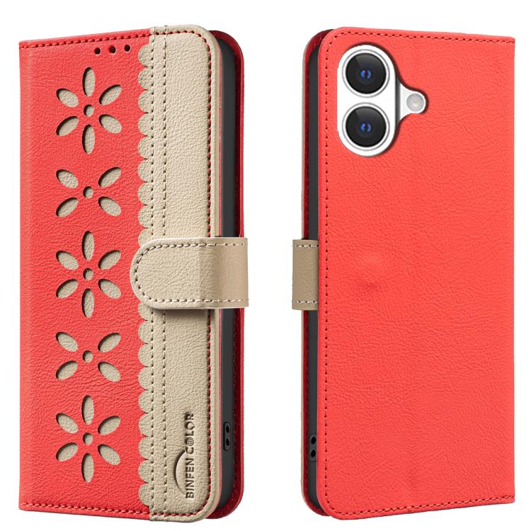 For iPhone 17 Splicing Color Hollow Flower Pattern RFID Leather Phone Case(Red)
