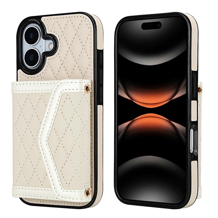 For iPhone 17 Splicing Rhombic Texture Card Bag Phone Case with Long Lanyard(Beige)