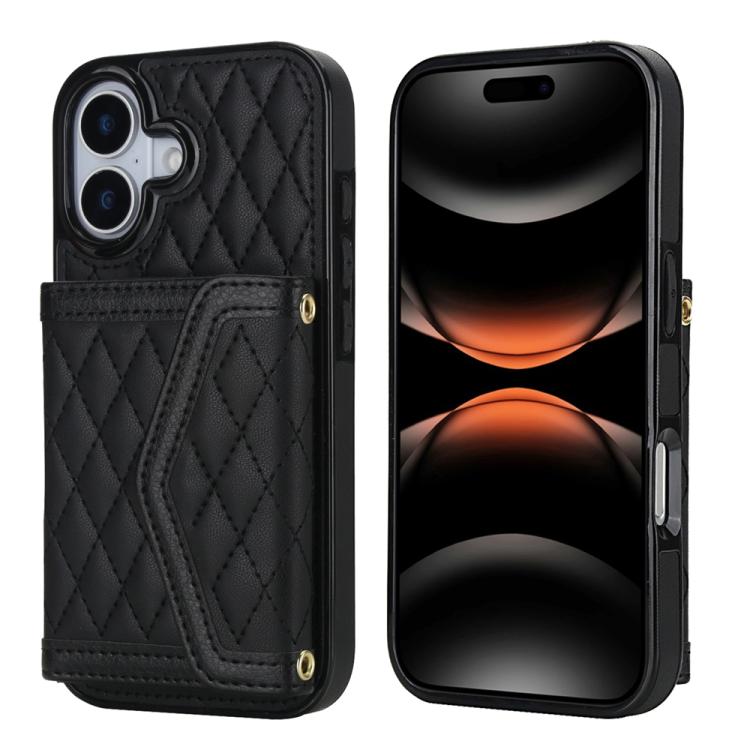 For iPhone 17 Splicing Rhombic Texture Card Bag Phone Case with Long Lanyard(Black)
