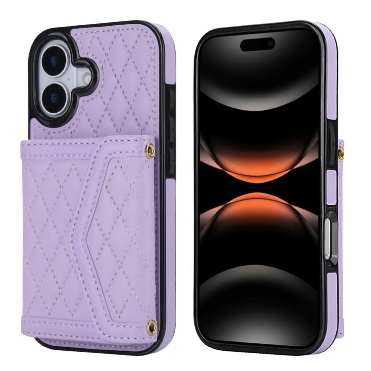 For iPhone 17 Splicing Rhombic Texture Card Bag Phone Case with Long Lanyard(Purple)