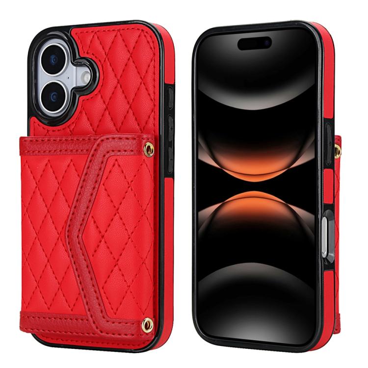 For iPhone 17 Splicing Rhombic Texture Card Bag Phone Case with Long Lanyard(Red)