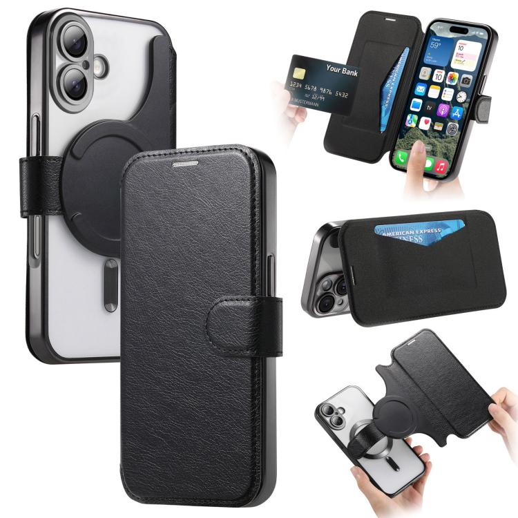 For iPhone 17 Splitable Electroplated MagSafe RFID Anti-theft Leather Phone Case with Lens Film(Black)