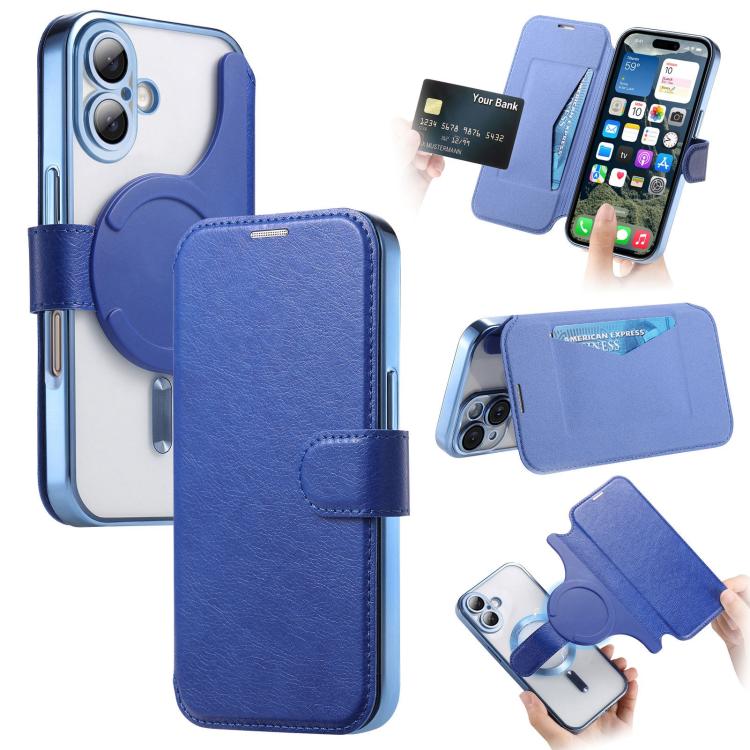 For iPhone 17 Splitable Electroplated MagSafe RFID Anti-theft Leather Phone Case with Lens Film(Blue)