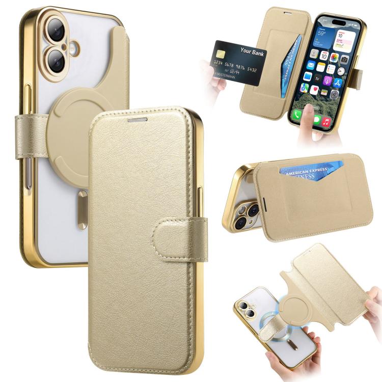 For iPhone 17 Splitable Electroplated MagSafe RFID Anti-theft Leather Phone Case with Lens Film(Gold)