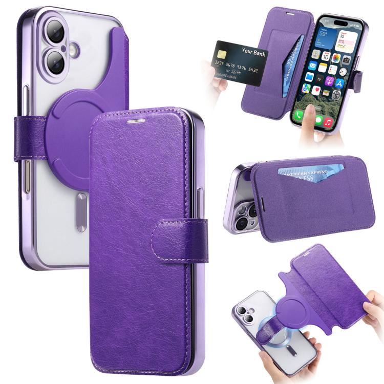For iPhone 17 Splitable Electroplated MagSafe RFID Anti-theft Leather Phone Case with Lens Film(Purple)